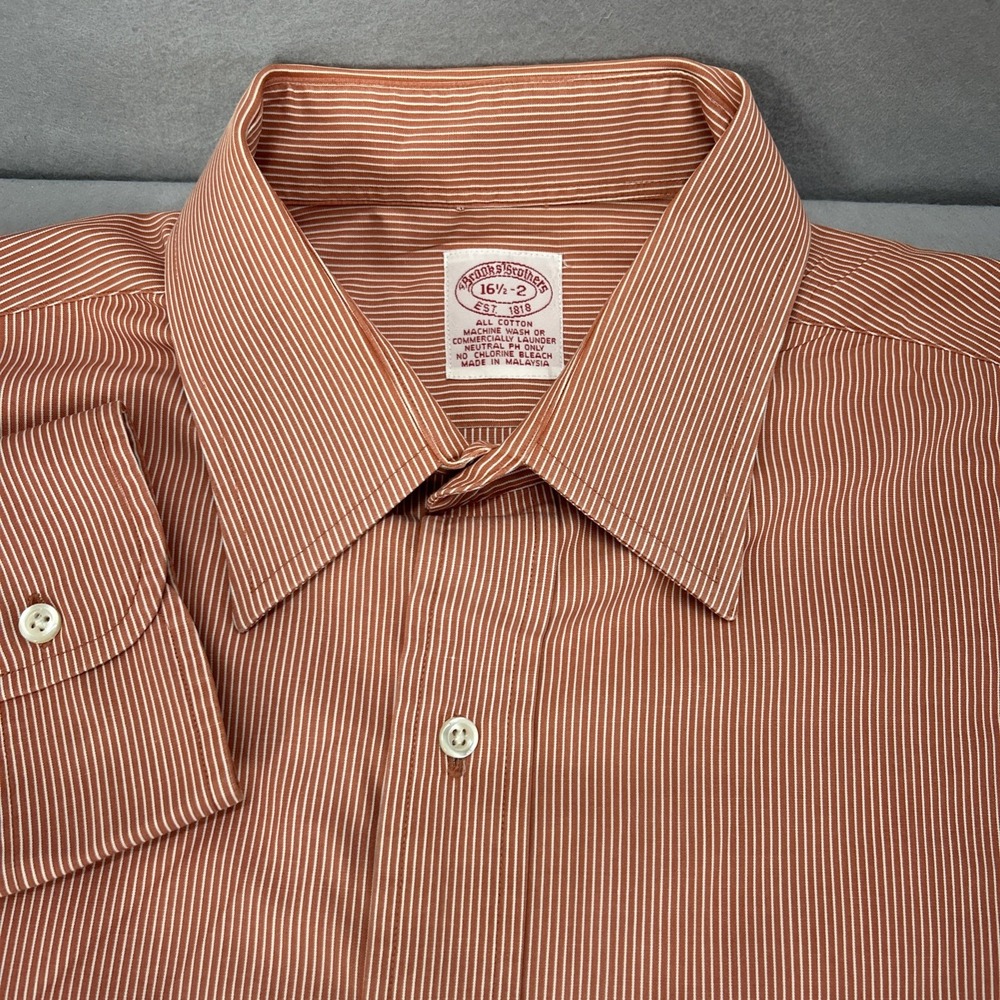 Brooks Brothers Dress Shirt Men's 16.5-2 Red Orange Striped All Cotton
